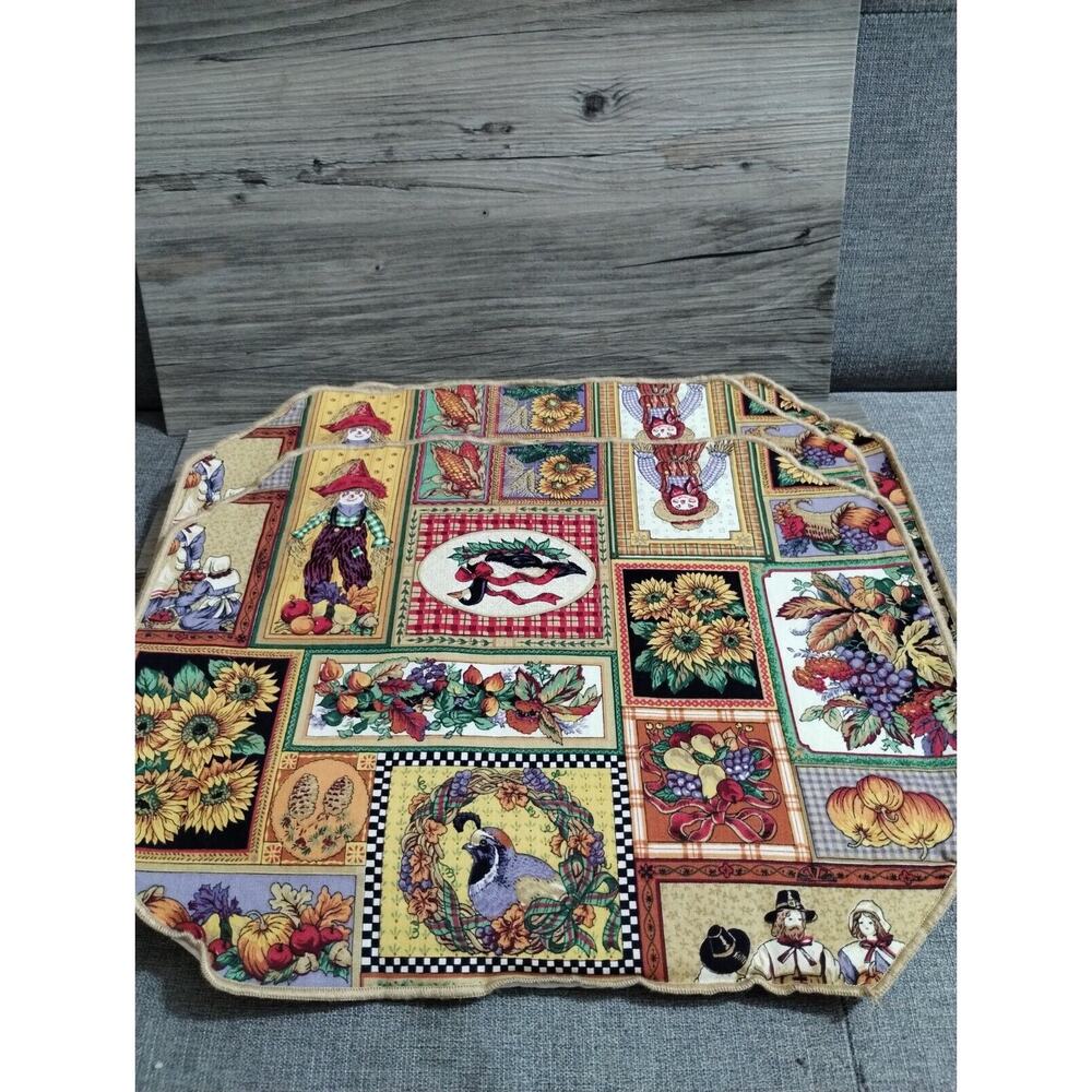 Fall Harvest Placemats Set of 4 Pilgrim Scarecrow Sunflower Pumpkins Table Decor